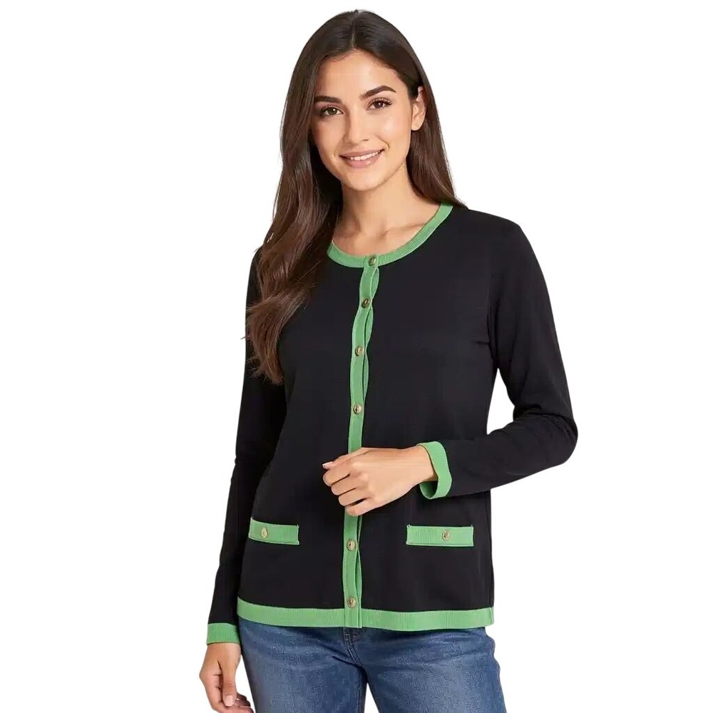 BY Design Womens Black Green Trim Button Front Cardigan Sweater Size L NWT